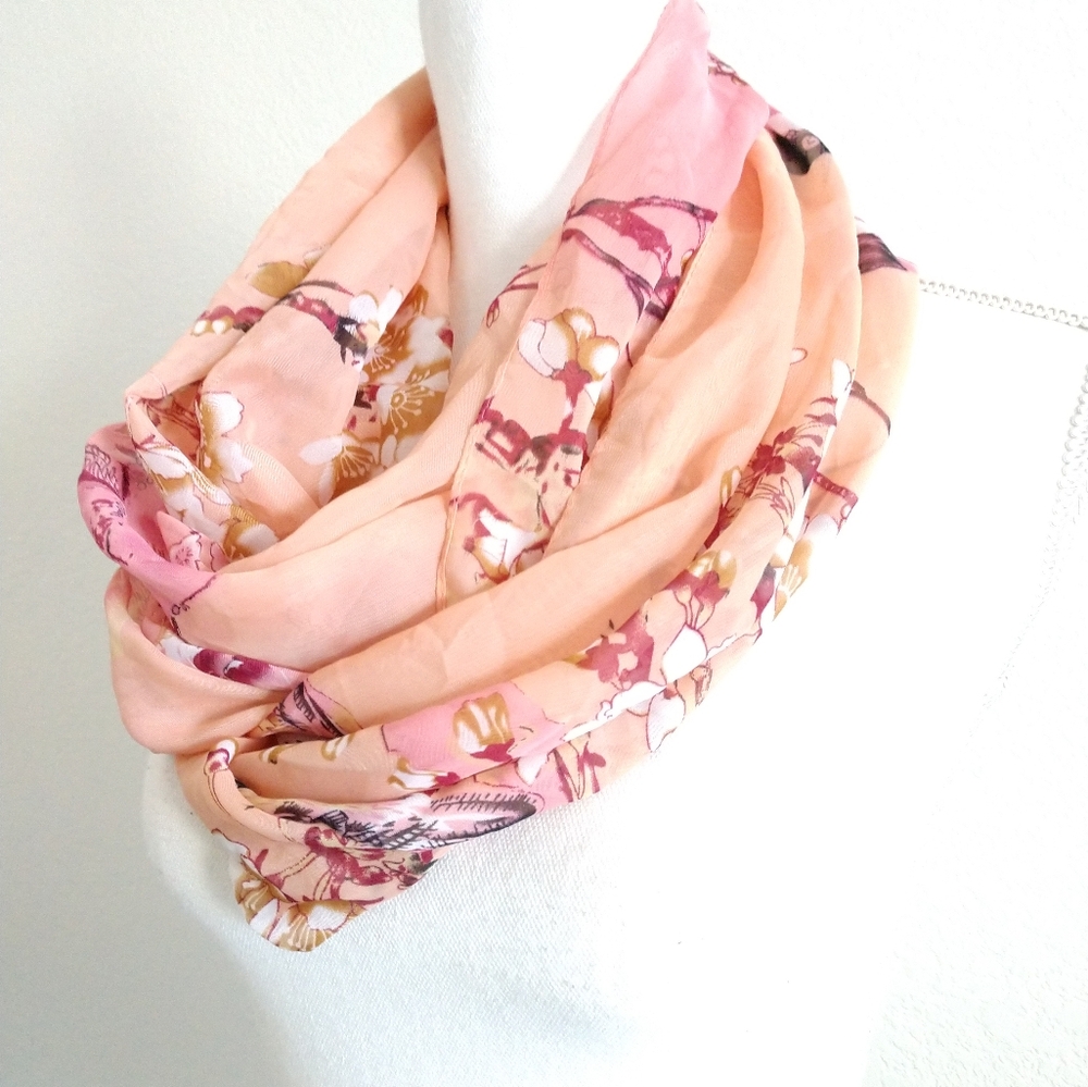 Pretty Bird Infinity Scarf by Liang Dian Peach Pink Ombre Floral Birds